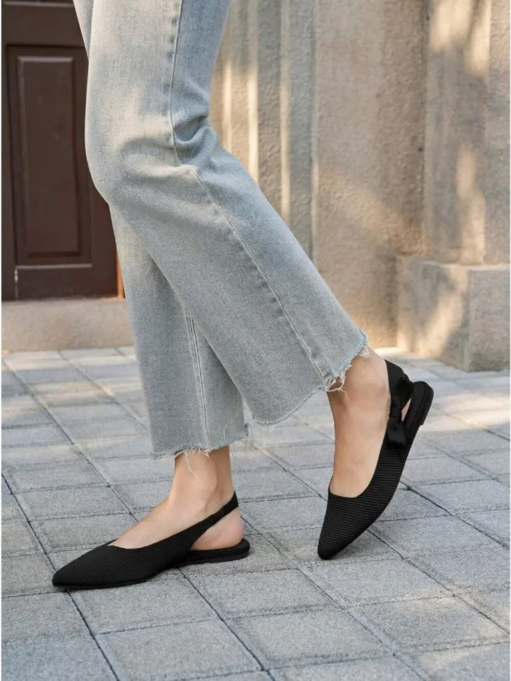 Women's Black Slingback Flats Bow Pointed Closed Toe Slip on Work Party Shoes
